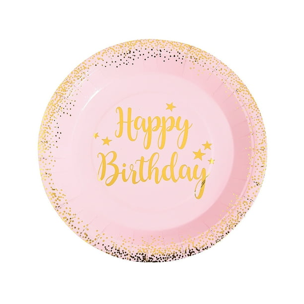 8 Pack Party Tableware Birthday Party Birthday Tableware 8 Pink Gold Happy Birthday Plates Pink Spotty and Stripy Party Plates